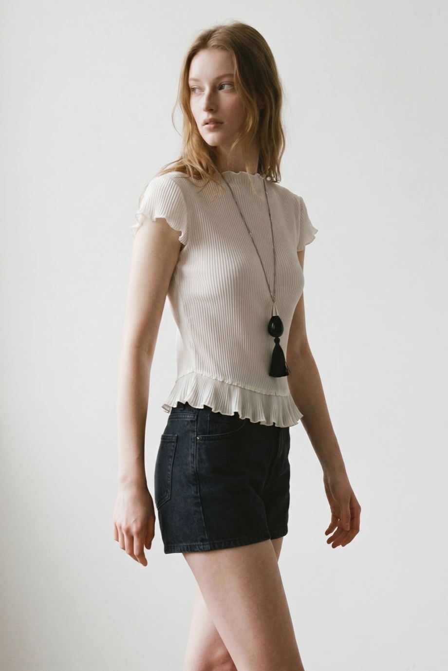 Sheer Plisse Mock Neck Top